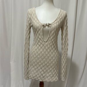 Cream Knit Long-Sleeve Keyhole Dress